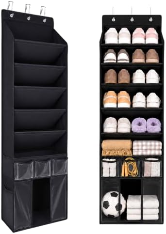 3in1 Over The Door Shoe Organizer with 5 Slanted Compartments,Removable Storage Bin & Transparent Pockets,Thickened Waterproof Oxford Fabric Shoes Rack for Shoes,Boots,Toys,Daily Essentials. (Black) by EZVERY