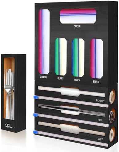 9 in 1 Foil and Plastic Wrap Dispenser with Cutter, Black Bamboo Ziplock Bag Organizer for Drawer - Holds Gallon, Quart Bags & Aluminum Foil/Wax Paper, Wall Mountable Kitchen Storage by BOHOMDEC