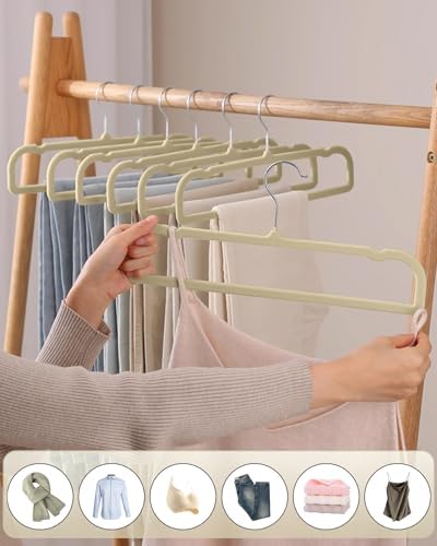 Velvet Hangers Non Slip - 20 Pack Pants Hangers for Closet - Thin Space Saving Clothes Hanger - Strong, Durable, Jean Perchas with 360 Degree Rotatable Hook for Tank Top (Beige Silver Hook) - Image 4