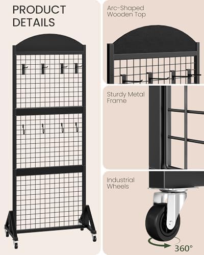 CHOEZON 2 Packs Grid Wall Panel 5.7' x 2' FT Grid Display Rack with Wheels, Movable Gridwall Display Stand with 8 S-Shaped Hooks and 8 Garment Hooks, Floorstanding Wire Grid Rack, Black TCJ17P2BB - Image 5