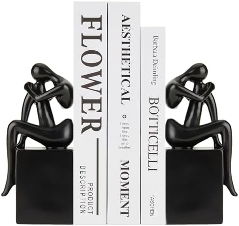 Black Book Ends Decorative, Girl Thinker Design, Modern Bookends for Shelves, Non-Skid Heavy Duty Resin Book Stopper for Books,Bookends with Base, Resin, 1Pair/2Piece by Xmeden