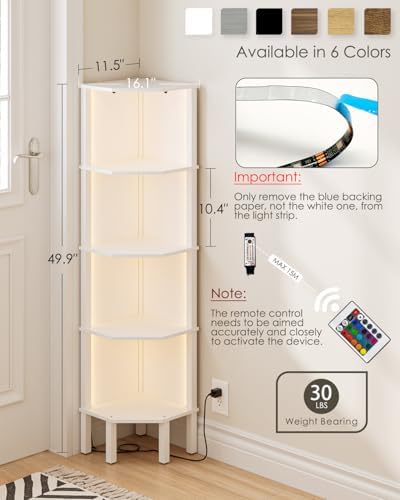 Corner Shelf Stand, 5 Tier Corner Bookshelf with Led Light,Corner Furniture for Bedroom Display Corner Shelf for Small Space,Wood Shelves with Storage Rack for Living Room,Office,White - Image 2
