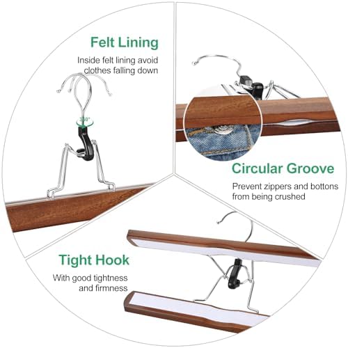 TOPIA HANGER 24 Pack Wooden Pants Hangers, Hair Extension Hangers Non Slip Skirt Hanger Wood Clamp with Velvet Padded 360° Swivel Hook for Jeans, Skirts, Trousers, Wigs Walnut CT68WA - Image 4