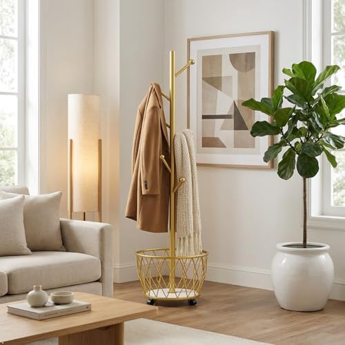 Gold Moveable Tree Metal Coat Rack with Basket Freestanding 65" by CBBZJY