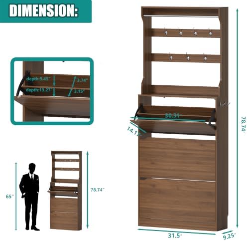 Shoe Cabinet for Entryway with 3 Flip Drawers, Walnut Tall Wood Shoe Storage Cabinet with Coat Rack, Narrow Hidden Slim Freestanding Shoe Rack Organizer, 2 in 1 Hall Tree for Living Room, Hallway - Image 2