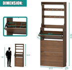 Shoe Cabinet for Entryway with 3 Flip Drawers, Walnut Tall Wood Shoe Storage Cabinet with Coat Rack, Narrow Hidden Slim Freestanding Shoe Rack Organizer, 2 in 1 Hall Tree for Living Room, Hallway - Image 2