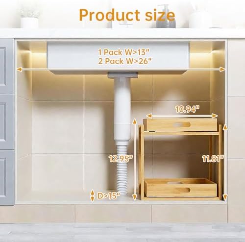 Bamboo Under Bathroom Sink Organizer - 2-Tier Pull Out Kitchen Undersink Organizer Storage Cabinet Shelf with Adjustable Levels, Under Sink Storage Slide Out for Pantry - Image 2