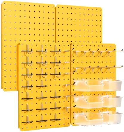 Pegboard Organizer Kit,4 Pack 14.76x10.82 in Metal Panels with 6 Bin,Yellow by PHXGrove