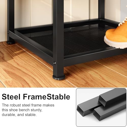 Small Shoe Storage Bench with PU Leather Seat Cushion, 3-Tier Freestanding Shoe Rack Organizer for Entryway, Heavy-Duty Metal Mesh Shelves, Supports Up to 300 lbs, Black (15.7"x11.4"x17.5") - Image 7