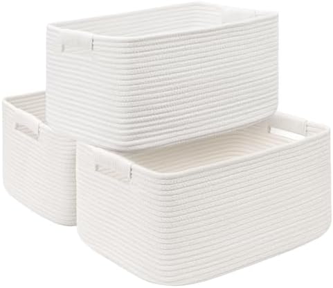 3 Pack Large Storage Basket for Organizing, 17.5"x13"x7" Woven Basket for Shelves, Closet Cube Storage Bins with Wrapped Handle, Cotton Rope Baskets for Kitchen, Clothes, Toys(Off White) by Degeyoyo