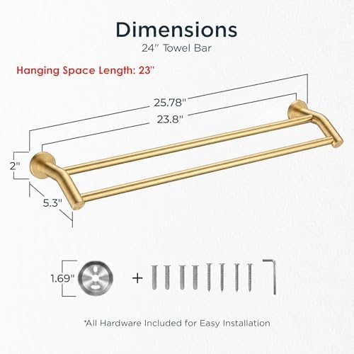 FORIOUS Double Towel Bar 24", Bathroom Towel Holder Rod Wall Mounted Gold - Image 2