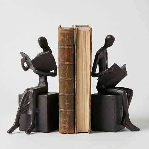 Iron Decorative Bookends for Heavy Books, Black Reading Couple Book Ends Decorative, Metal Thinker Bookends for Shelves Shelf Bookshelf Books Home Office Aesthetic or Book Lovers Gifts by GrivSheen