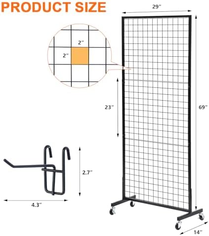 Eastern Tree 1 Pack 2.5'x 6' Three Pieces Grid Wall Panels Stand with T-Base, Black Wire Grid Wall Rack with Wheels, Craft Display Rack, Retail Display, Art Display, Extra More 10 Pieces Hooks - Image 3