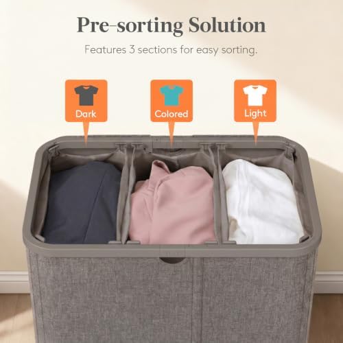 Lifewit 185L 3 Section Laundry Hamper with Lid, Laundry Basket, Brown - Image 3