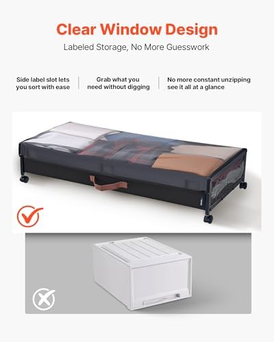 VEVOR Under Bed Storage with Wheels, 36.0 x 18.1 x 7.3 inch, Underbed Containers with Clear Lid, Underbed Shoe Organizer, Rolling Under the Bed Storage Bins for Clothes Shoes Blankets Bedroom, 2 Pack - Image 4