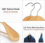 TOPIA HANGER Wide Shoulder Wooden Hangers, Suit Hangers with Non Slip Pants Bar & 360° Swivel Hook, Solid Wood Heavy Duty Coat Hanger, 6 Pack (Natural)-CT02NA - Image 3