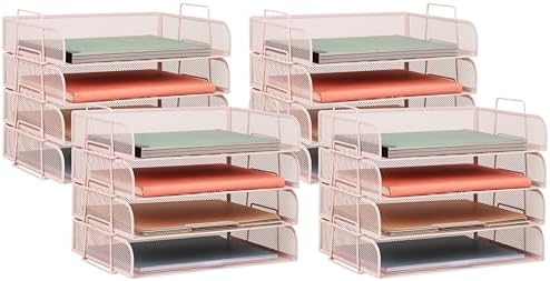 Mind Reader Stackable Paper Tray, Desktop Organizer, File Storage, Office, Metal Mesh, 4 Pcs., Pink (Pack of 4) by MindReader