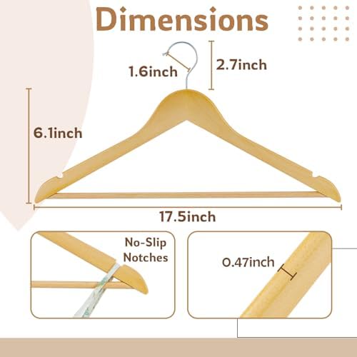 Wooden Hangers, 30 Pack Slim Wood Coat Hangers with Extra Smooth Finish, Precisely Cut Notches and Chrome Swivel Hook, Wooden Clothes Hangers for Shirt Suit Jacket Dress, Natural - Image 2