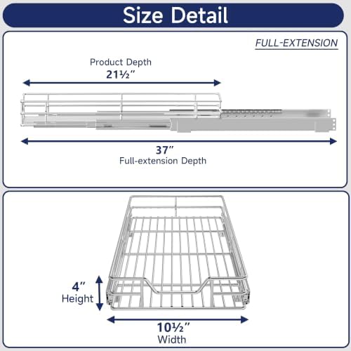 Pull Out Cabinet Organizer, 10.5" W x 21.5" D, Heavy Duty Chrome Slide Out Shelf for Narrow Base Cabinets, Sliding Wire Basket Drawer for Spices, Bottles, Snacks & Cleaning Supplies - Image 2