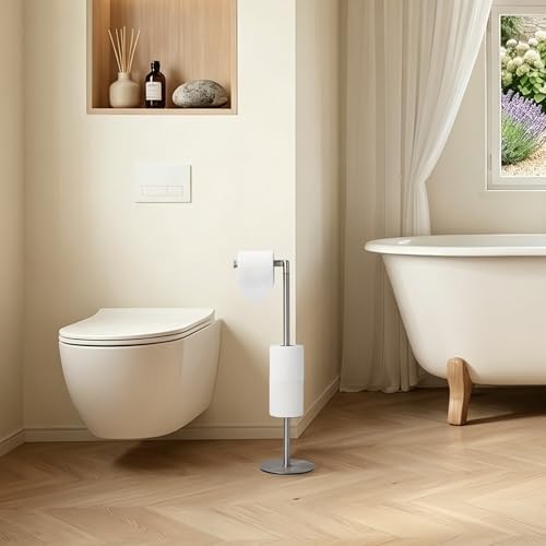 BGL Freestanding Toilet Paper Holder, Tissue Holder On Floor with Reserve Storage Paper Rolls, Roll Paper Holder Standing On Floor (Brushed Nickel) - Image 4
