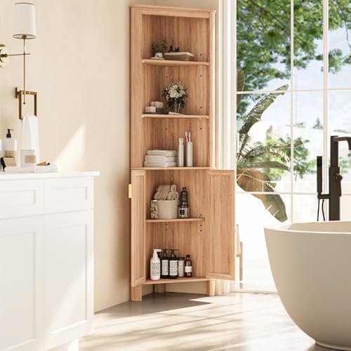 INNOD 69" Tall Corner Shelf with Doors, 6-Tier Corner Storage Cabinet with Doors, Space Saver Shelf for Bathroom, Bathroom Floor Cabinet for Living Room Kitchen, Hallway - Image 6