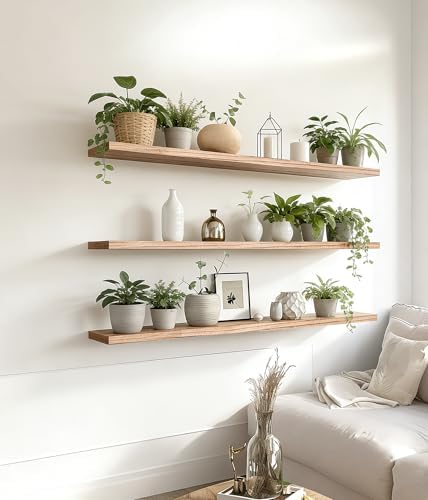 48 Inch Rustic Wood Floating Shelves Farmhouse Wooden Wall Shelves for Bathroom Bedroom Living Room Kitchen Office Set of 4 Light Brown - Image 2