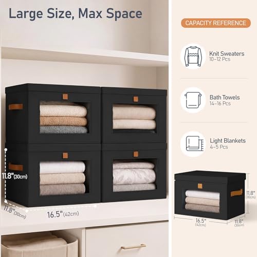 DIMJ Storage Bins with Lids - 5 Pack Front Opening Stackable Fabric Storage Boxes with Clear Window & Handles, Collapsible Closet Organizers for Clothes, Sweaters, Shelf Storage, Bedroom, Black - Image 6