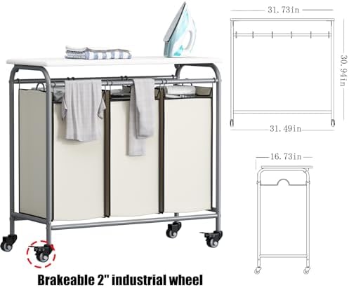3 Bags Laundry Basket Sorter, Beige 135L Laundry Hamper, Ironing Board - Image 5