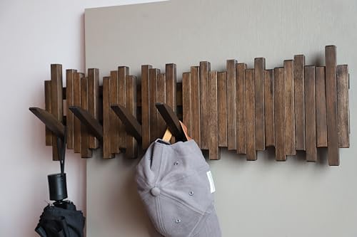 Natural Wood Wall Mounted Piano Coat Rack| Coat Rack Wall Mount| Flip Down Wall Hook Rack 7 Hooks| Entryway Wall Art Hook,Made of Acacia Wood (Wood Wax Oil Dyed Walnut Color).Wall Art - Image 3