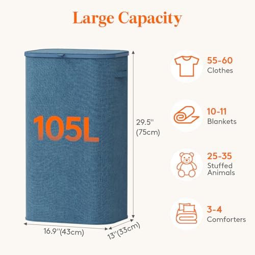 Lifewit 105L Large Laundry Hamper with Lid, Removable Inner Bag, Dark Blue - Image 2