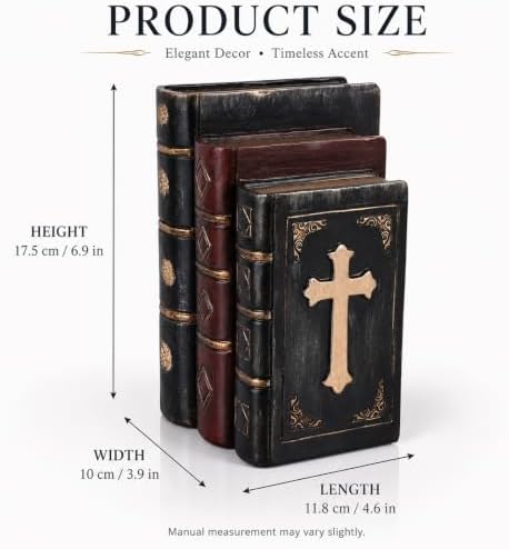 Decorative Bookends Vintage Cross Design, Resin Faux Book Stack Antique Shelf Decor, Antique Vintage Decoration for Home Office Library Old World Farmhouse Style - Image 3