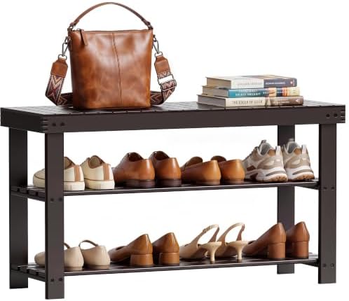 SMIBUY Sturdy Bamboo Shoe Rack Bench, 3-Tier Shoe Organizer, Storage Shelf for Entryway Hallway Bathroom Living Room (Dark Brown) by SMIBUY