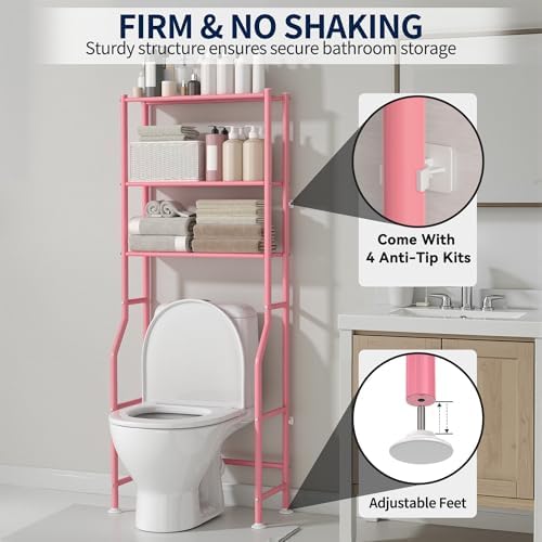 GloTika 3-Tier Over Toilet Storage, Anti-Wobble, Pink - Image 5