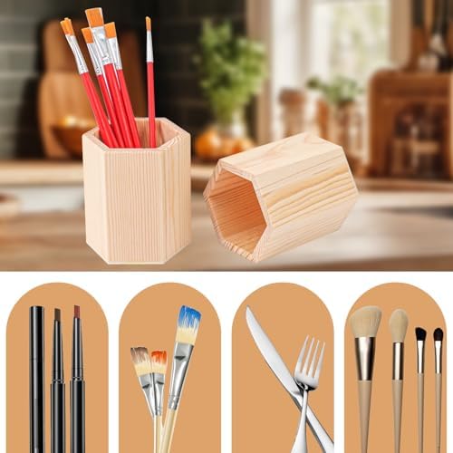 18 Pack Hexagon Unfinished Wooden Pencil Holder, 3 x 3 x 4 Inch Wood Pencil Cup Holder, Wood Crafts Pencil Cup for Desk, Office, DIY Project - Image 7