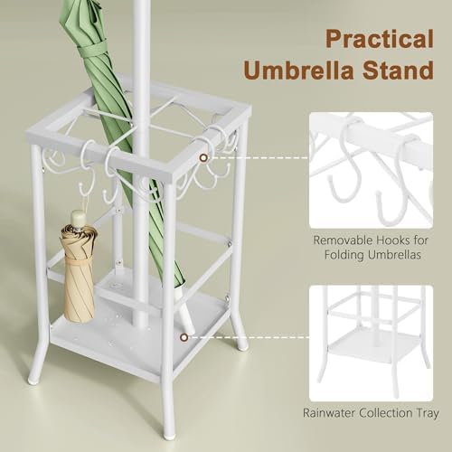 Hoctieon Coat Rack Freestanding, Coat Tree with Umbrella Holder, Metal Coat Rack Stand with 12 Hooks, Standing Coat Hanger Stand, Umbrella Stand for Entryway, Hat Rack Stand for Home Office, White - Image 3