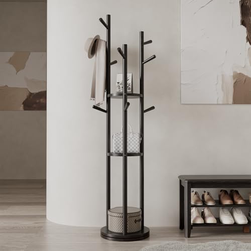 Muwuele Solid Wood Rotary Coat Rack, Freestanding Coat Rack with 3 Shelves and 9 Hooks, Coat tree for Bedroom, Entryway, Livingroom, Coat Hanger Stand for Coats, Scarves, Handbags (Black) by Muwuele
