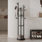 Muwuele Solid Wood Rotary Coat Rack, Freestanding Coat Rack with 3 Shelves and 9 Hooks, Coat tree for Bedroom, Entryway, Livingroom, Coat Hanger Stand for Coats, Scarves, Handbags (Black) by Muwuele