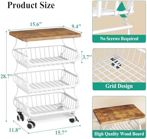 SAYZH 4-Tier Fruit and Vegetable Basket Stand for Kitchen, Wood Top, White - Image 2