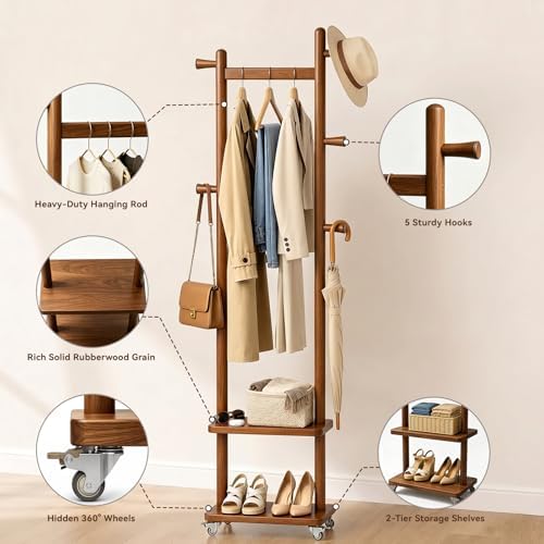 Taitiy Small Clothes Rack Solid Wood Coat Rack Freestanding with Wheels - Image 4