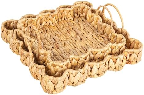 Household Essentials Woven Water Hyacinth Scalloped Square Trays, Set of 2, Natural - Image 4