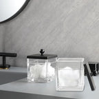Glass Cotton Jar Holder 2 Pack– Matte Black Lid, Elegant Bathroom Storage Canister for Qtips, Cotton Balls, Floss, Makeup Organizer, Vanity & Bathroom Organization - Image 4