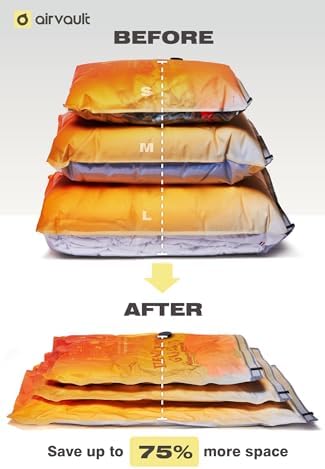 AirVault Vacuum Storage Bags for Travel & Home - Space Saver Compression Packing Bags Set for Clothes, Blankets & Seasonal Storage, Small (4), Medium (8), Large (8) (Orange,20-Pack Combo) - Image 6