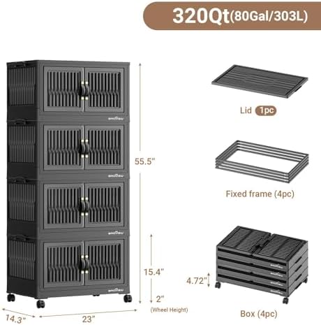 BROVIEW 320Qt Stackable Storage Bins with Lid, Extra Large Closet Organizer Collapsible Drawer Boxes with Wheels, Folding Plastic Cabinet Containers for Home Kitchen Room Organization, 4Pack Black - Image 2