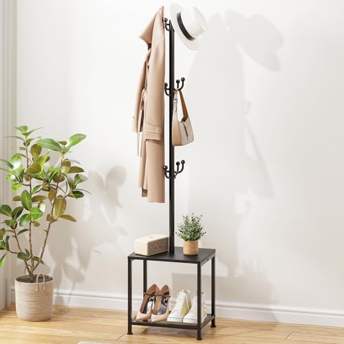 Hall Tree with Bench and Shoe Storage, Coat Rack Freestanding Coat Rack Shoe Bench, Corner Coat Hanger Stand Standing Hat Rack, Tree Stand Purse Rack Tree Black Coat Racks with Shelf by HamsterHouse