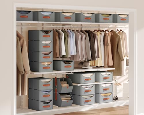Homsorout Stackable Storage Drawers - Collapsible Storage Bins with Drawers, 4 Pack Closet Shelf Organizer Basket, Fabric Pull Out Organizer for Bedroom, Living Room, Dorm, Grey - Image 2