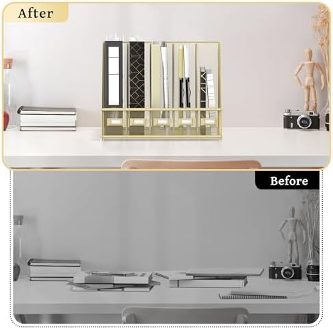 SUPEASY Desk Organizers Metal Desk Magazine File Holder with 5 Vertical Compartments Rack File Organizer for Office Desktop, Classroom, Home Workspace, Golden Yellow, Plus - Image 5