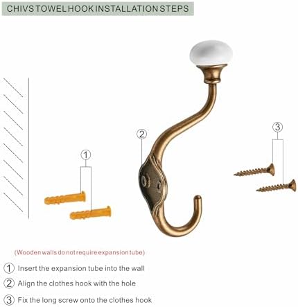 CHIVS Coat Hooks- 5 Pack Antique Brass Wall Hooks, Ceramic Coat Hooks, Decorative Wall Mounted Towel Hanger, zinc Double Prong Hook for Hanging Clothes, Keys, Hats, Backpacks - Image 3