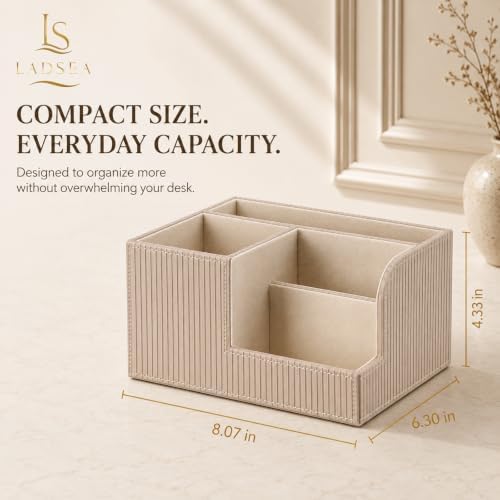 Pen Holder for Desk, 4-Compartment PU Leather Desk Organizer, Beige - Image 7