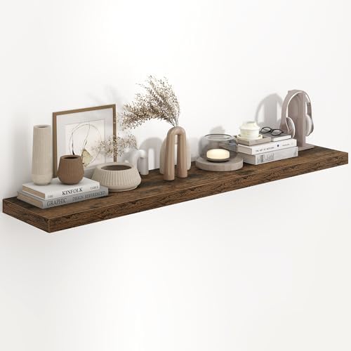 Fun Memories 55 Inch Long Floating Shelves for Wall, 55x9.3 Large Floating Shelf for Bedroom, Kitchen, Bathroom, Wall Mounted Rustic Wood Shelves with Invisible Bracket for Books, Decor, Rustic Brown by FunMemories