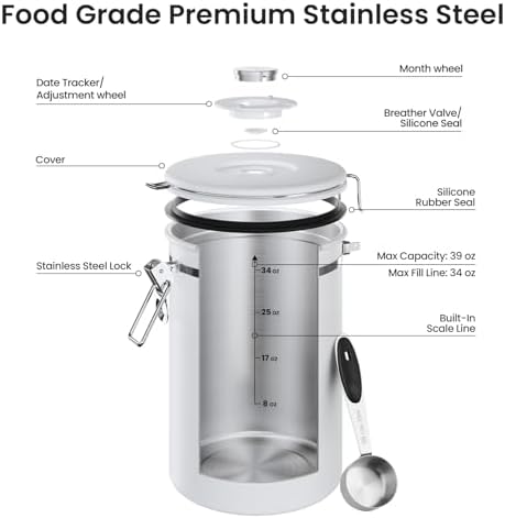 Veken Coffee Canister,39OZ, 2.2lbs,Large Airtight Stainless Steel Container - Image 4